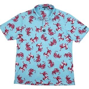 Bad Birdie Polo Shirt Mens XL Blue Pink Tiger Print Performance Stretch Golf
